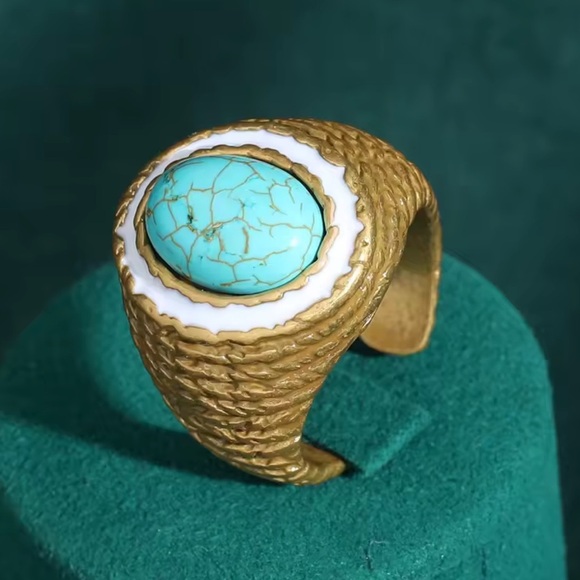 Vintage Turquoise & Enamel Gold Antique Brass Statement Ring Bold Retro Luxury - Picture 5 of 6